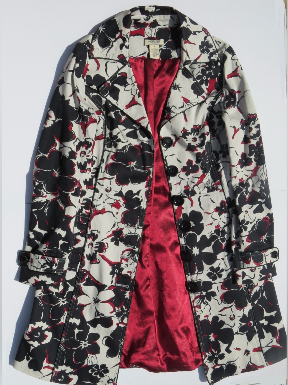 Vertigo Paris Floral Print Trench Coat in Black, White & Red/Pink